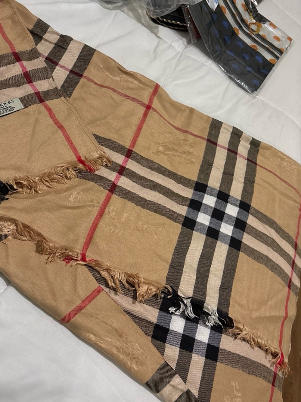 Classic Tan Check Scarf with Red Stripe